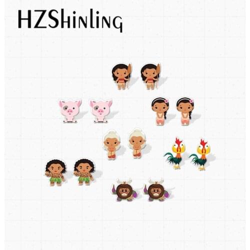 2021 New Arrival Cute Moana Princess and Pig Rooster Tribe Ocean Fairy Epoxy Handcraft Jewelry Acrylic Stud Earrings