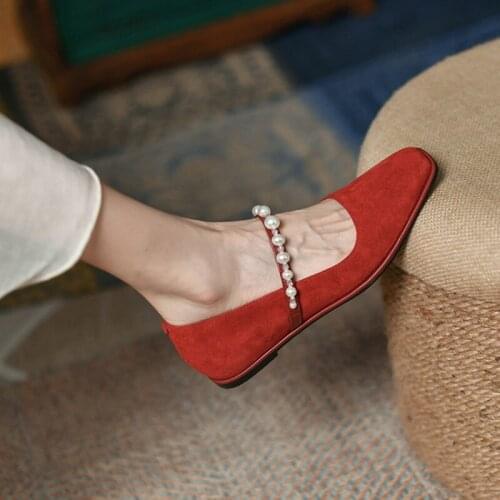 Ochanmeb Top Quality Soft Comfort Kid Sheep Suede Flats Casual Shoes Women Brand Designer Pearls Rhinestone Mary Jane Shoe Woman