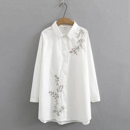 Plus Size Womens White Long Blouse Long Sleeved Floral Embroidery Tops Oversized A-line Blusas