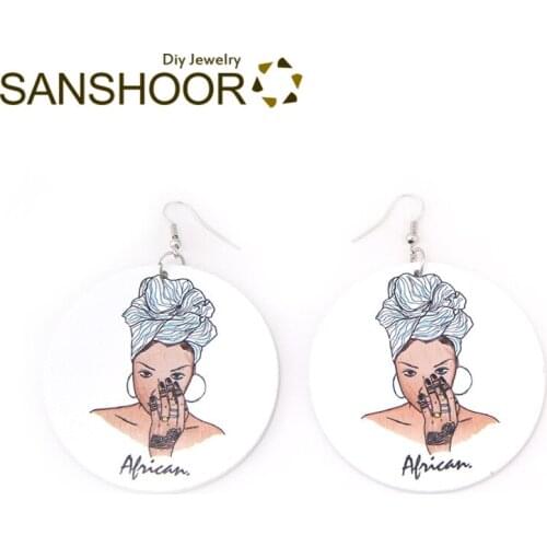 SANSHOOR Printed African Headwrap Woman Wood Drop Earrings Afro Ethnic Bohemia Halloween Jewelry As Women Christmas Gift 1Pair