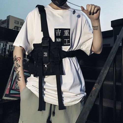 Ribbons Tactical Techwear Canvas Letter Print Hip Hop Chest Bags Male Japan Style Shoulder Package Casual Student Men Streetwear