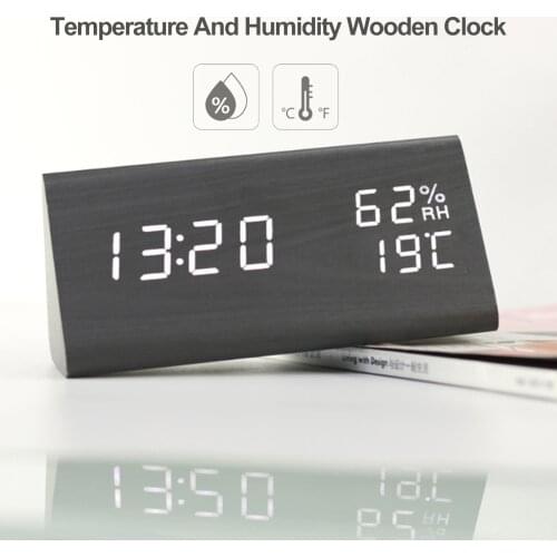 YJ-5038 Triangular Wooden Alarm Clock Voice-Control Temperature Humidity Digital Display Electric Alarm Clock