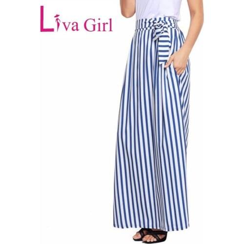 LIVA GIRL Women Striped Sashes High Waist Pocket Maxi Skirt 2019 Elastic Waist Casual Streetwear A-Line Long Skirt Vintage Falda