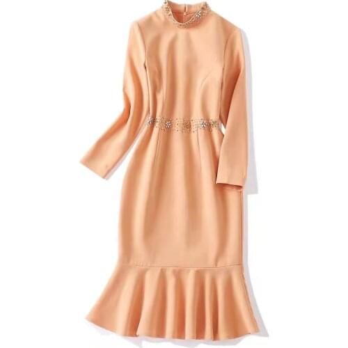 European and American womens wear new autumn 2022 Long sleeve pin bead stand collar Solid color fishtail fashion dress