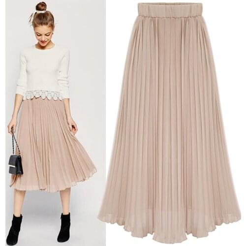 Women Summer Skirt Chiffon Pleated Skirts 2019 Empire Solid Color Office Lady Fashion Elegant Skirt Female Clothing Plus Size
