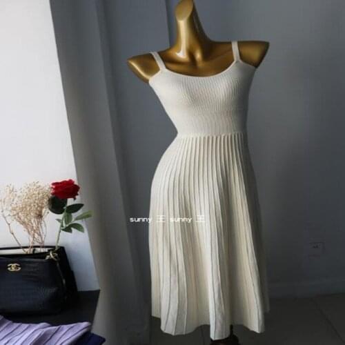 2021 summer French style knitted dress women elastic spaghetti strap slim pleated dress
