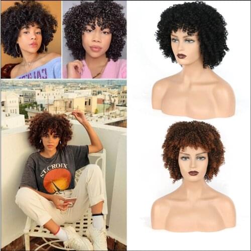 Afro Bouncy Kinkly Curl Synthetic Womens Wigs with Bangs Short Square Wig Natural Hair Heat Resistant Black Brown Highlight Wig