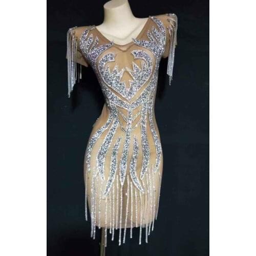 Sparkly Rhinestones Mesh Transparent Short Dress Women Birthday Party Dress Sexy Evening Club Outfit Singer Stage Wear