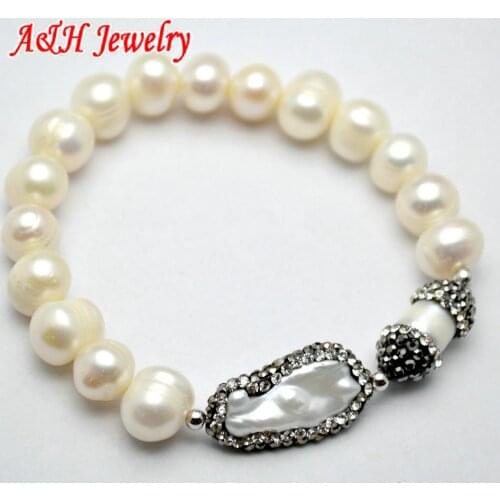 5pcs New Fashion Natural Freshwater Pearls With Rhinestone Paved Stretch Bracelets 7.5'' For Women Jewelry