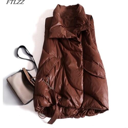FTLZZ Winter Stand Collar Feather Vest Jacket Women 90% White Duck Down Sleeveless Coat Casual Loose Fluffy Sleeveless Outwear