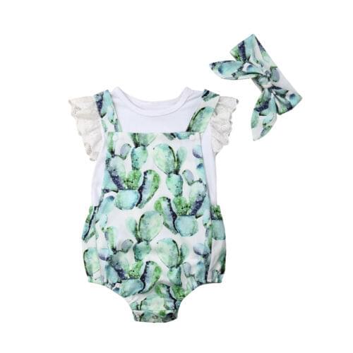 0-24M Newborn Baby Girls Cactus Ruffles Romper +T-shirt Outfit Clothes Summer baby clothing