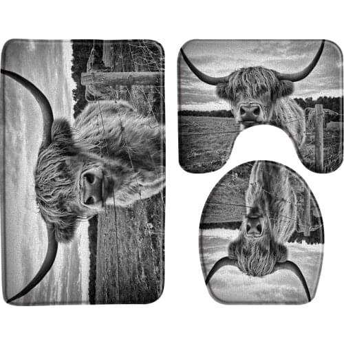 Highland Cattle Prairie Animal Bath Mat 3-Piece Toilet Anti-Slip Bathroom Rug Door Carpet Floor Mats Decor Bathroom Product