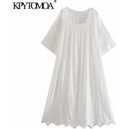 KPYTOMOA Women 2021 Fashion Hollow Out Embroidery Loose Midi Dress Vintage Square Collar Short Sleeve Female Dresses Vestidos