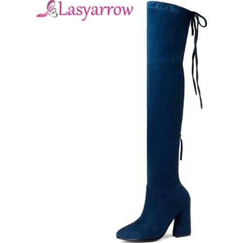 Lasyarrow Brand Shoes Woman Chunky High Heels Over The Knee Boots Red Sexy Slim Thigh High Boots Suede Long Botas Feminina F116