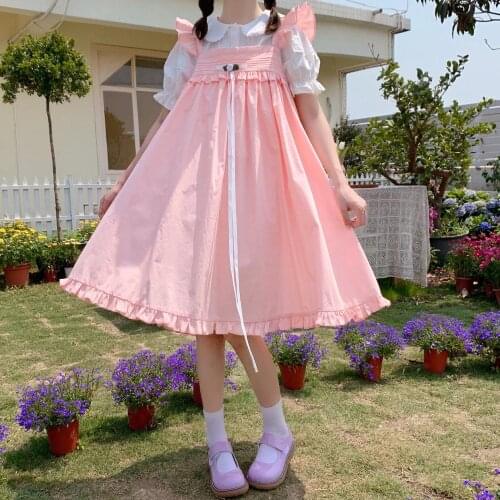 Lovely Japanese Teen Girl Solid Suspender Pleated Dress Summer Casual Floral High-waist Sleeveless Lolita Dresses Female Clothes
