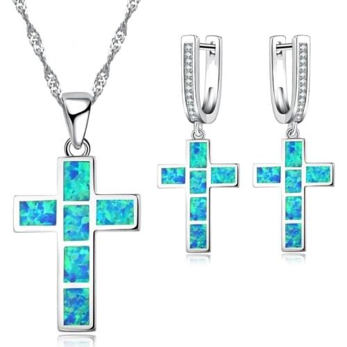 Fashion Jesus Cross Accessories Set For Women Imitation Blue Fire Opal Cross Pendant Necklace Earrings Women Wedding Jewelry