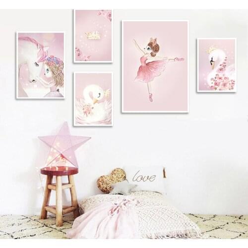 Cartoon Pink Fantasy Fairy White Swan Ballerina Princess Unicorn Canvas Painting Wall Art Print For Nursery Childrens Room Deco