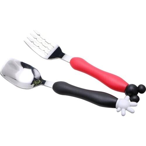 Cartoon Mickey Children Spoon Fork Set Baby Feeding Spoon Stainless Steel Kids Eating Utensils Toddler Baby Flatware Accessories