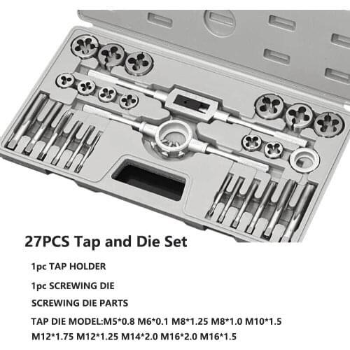 Tap and Die Set 27pcs Thread Tapping Metric M5-M16 Alloy Steel Screw Taps Wrench For Metalworking Hand Tool Threading Tap Die