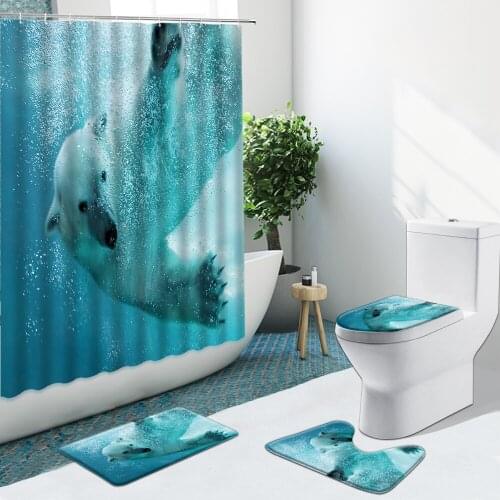 Animal Polar Bear Underwater Swimming Bathroom Set Shower Curtain Elephant Non-Slip Rugs Flannel Toilet Carpet Cover With Hooks