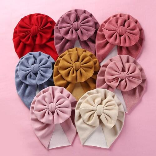 Solid Color Double Big Bowknot Baby Hat Turban Autumn Winter Newborn Girl Beanies Soft Elastic Infant Toddler Head Wrap Bonnet