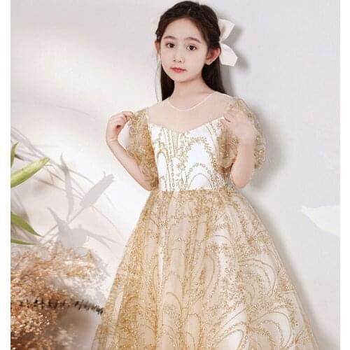 Girl Formal Dress 2021 Girls Fluffy Yarn Flower Host Piano Performance Princess Champagne Long Dresses For Party