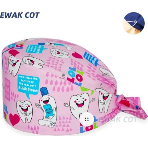 17 Colors Unisex Adjustable Working Scrub Cap with Protect Ears Button Dentist Clinic Embroidery Tooth Print