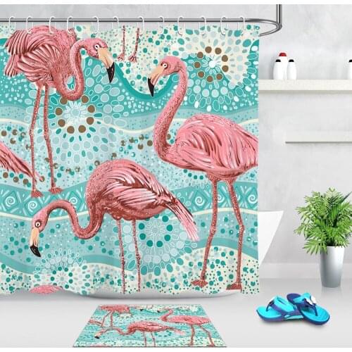 Pink Flamingos Shower Curtain with Rug Exotic Bathroom Screen Extra Long Waterproof Washable Polyester Fabric for Bathtub Decor