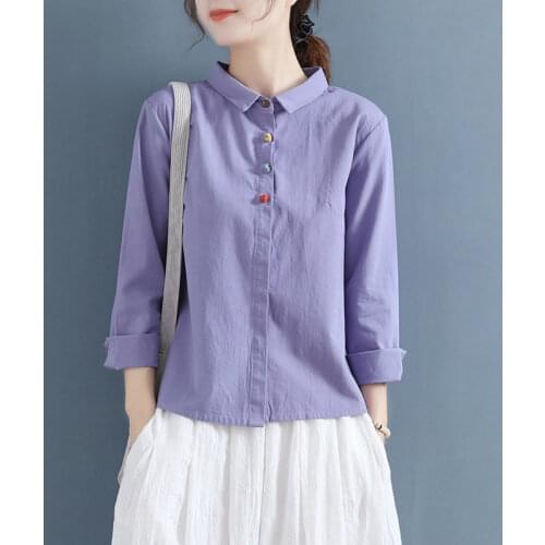 Cotton Linen Vintage Solid Women Shirts Sumemr Vintage Button Turn-Down Collar Casual All Match Female Outwear Coats Tops