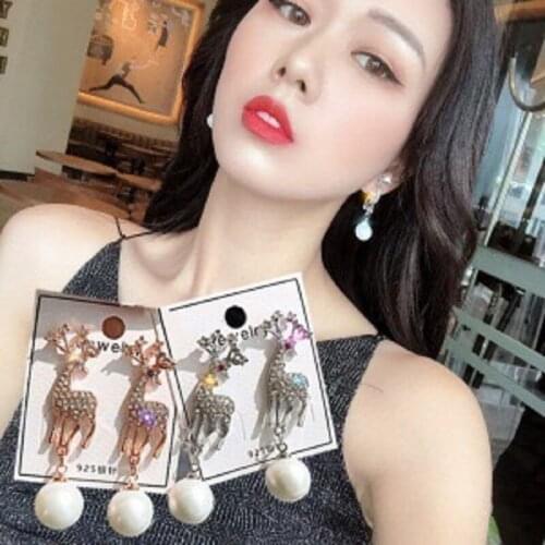 S925 silver needle Korean Yilu has you full diamond deer big pearl high sense mesh red versatile Earrings