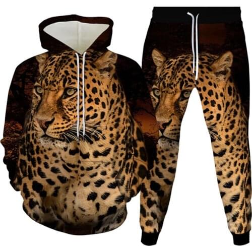 Spring Autumn New Mens 3D Print Animal Leopard 2pcs Tracksuit Women Plus Size S-6XL Clothing Hoodie And Trousers Sportweat Set