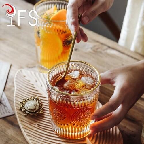 Retro Embossed Phnom Penh Glass Cup Round Sun Flower Water Cup Restaurant Cold Drink Cup Milk Tea Shop Juice Cup Good Quality