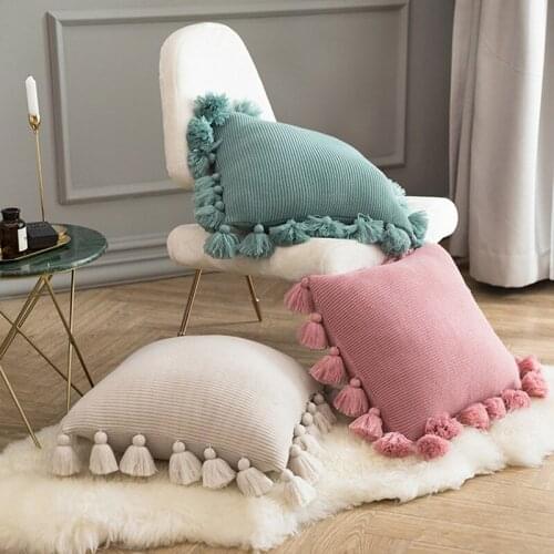 Knit Pillow Solid Ivory Pink Green PillowCase Acrylic Ball Tassel Sofa Bed Nursery Room Decorative