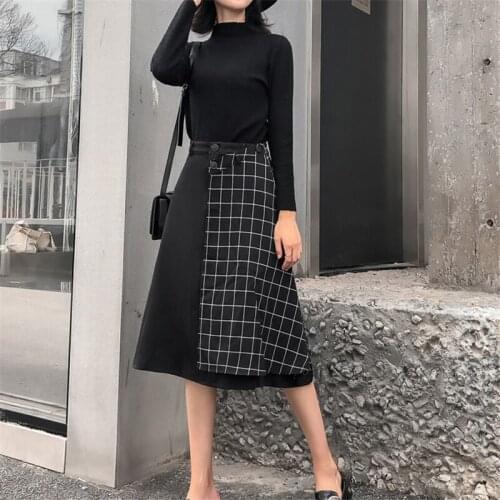 Patchwork Casual Women Skirts A-Line Solid Fashion Mid-Calf Plaid Skirts Elegant Summer High Waist Ladies Button Midi Skirts