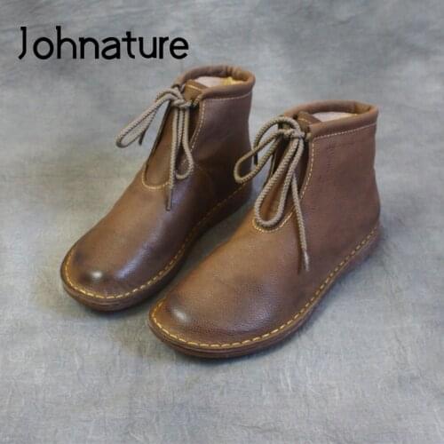 Johnature Genuine Leather Shoes Women Boots Lace-Up Winter 2021 New Sewing Flat With Handmade Retro Leisure Platform Boots