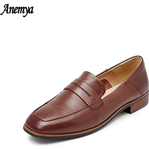 2021 Women Loafers Genuine Leather Square Toe Comfort Penny Shoes Female British Style Slip On Flats Office Lady Brown Black New