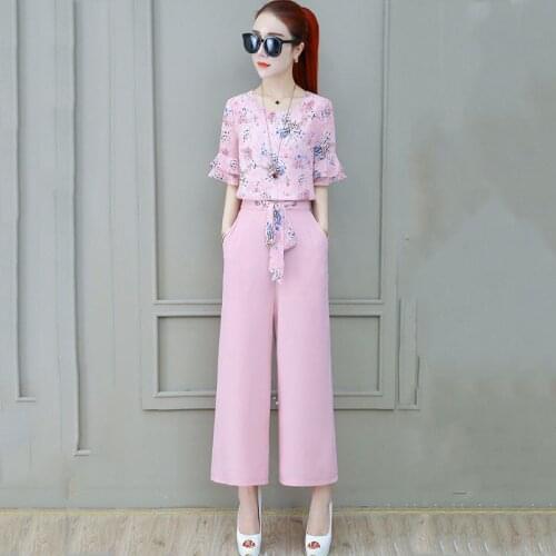 Women Two Piece Set Ensemble Femme Flower Print Tops And Solid Wide Leg Long Pant Suits Ladies Plus Size 3XL Slim Tracksuit F109