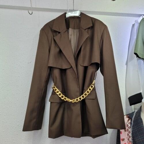 Heavy Work Waist Chain Coffee Color Black Casual Blazer Women Spring Autumn New Abrigo Mujer Loose Lapel Long Sleeve Suit Jacket