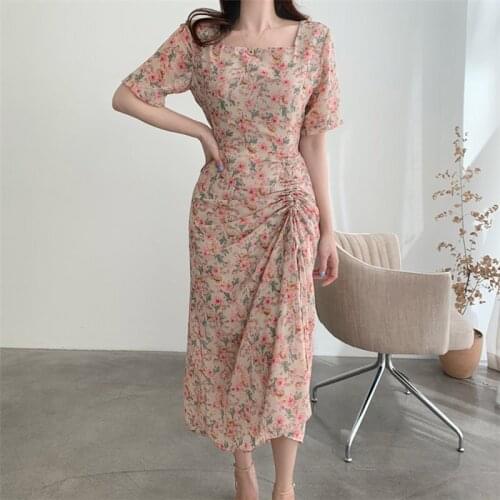 Alien Kitty 2020 Chic Elegant Square Neck Florals Large Size All Match Slim Stylish Feminine Pleated Waist Thin Dresses Vestidos