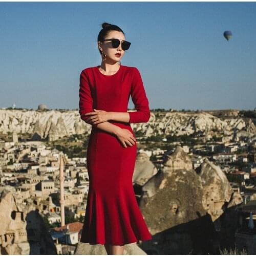 VERRAGEE women Trumpet dress 2019 new spring retro red pink black color formal vintage elegant Mermaid dress