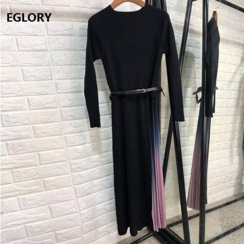 High Quality Sweater Dress 2019 Autumn Winter Knitted Dress Women Gradient Pink Color Patchwork Long Sleeve Black Dress Belt