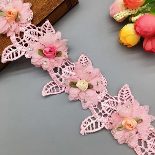 1 Yd 6CM 3D Diamond Chiffon Flower Embroidered Lace Trim Ribbon Floral Applique Fabric DIY Wedding Dress Sewing Craft