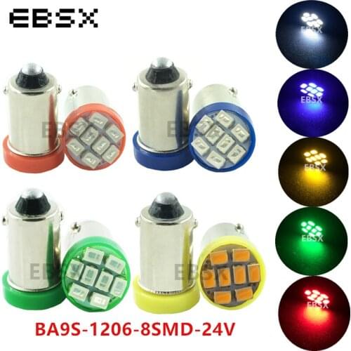 EBSX 100pcs LED 24V DC BA9S 8 SMD 3020 LED 8SMD 1206 T4W Interior Reading Light Bulbs White Blue Red Yellow Green Car Light