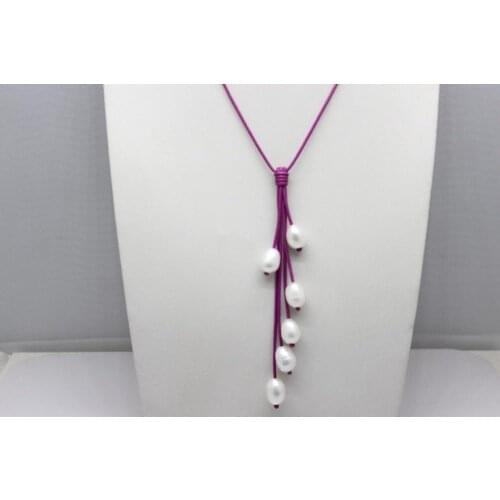 Handmade 6 Beads White Freshwater Pearls and Purple Leather Necklaces 9x12mm 18INCH