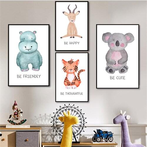 Watercolor Cartoon Animal with Quote Poster Woodland Painting Print on Canvas Painting Picture Decorative Painting Home Decor