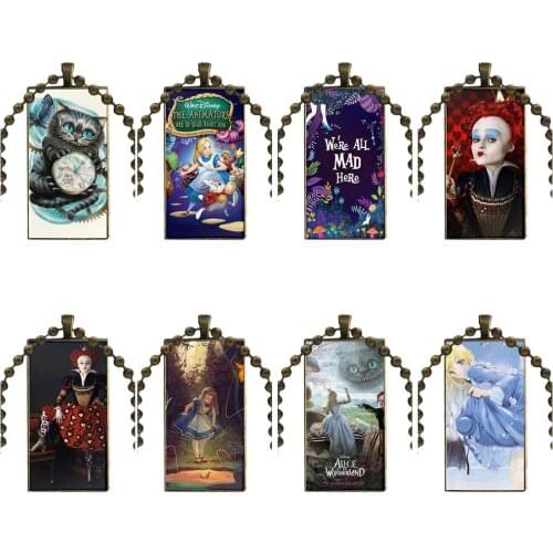 Alice In Wonderland Fashion Glass Cabochon Necklace With Women Statement Pendant Rectangle Necklaces Jewelry For Girls