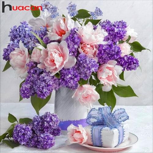 Huacan Diamond Embroidery Complete Kit Lilac 5D Diamond Painting Mosaic New Arrivals Vase Flower Beaded Pictures Home Decoration