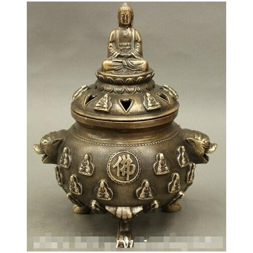 Fast shipping 6 " Tibet Buddhist Bronze Shakyamuni Buddha Lion Head Statue Incense Burner Censer