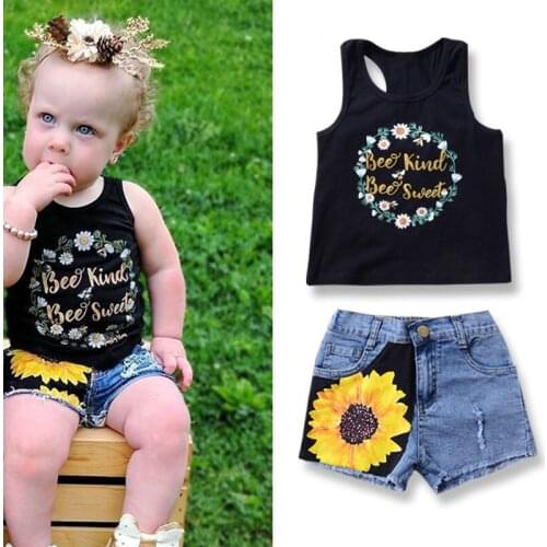 Childrens Wear 2018 Summer Kids Set Girl Vest + Denim Shorts