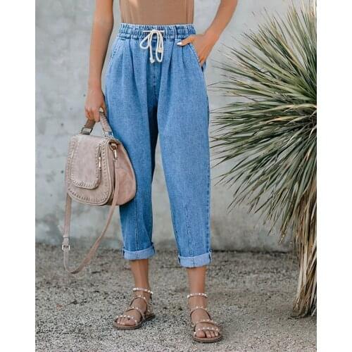 Women Spring Summer Loose Lace Up Elastic Waist Straight Jeans Elastic Waist Harem Denim Pants Loose Lady Blue Stretch Jeans